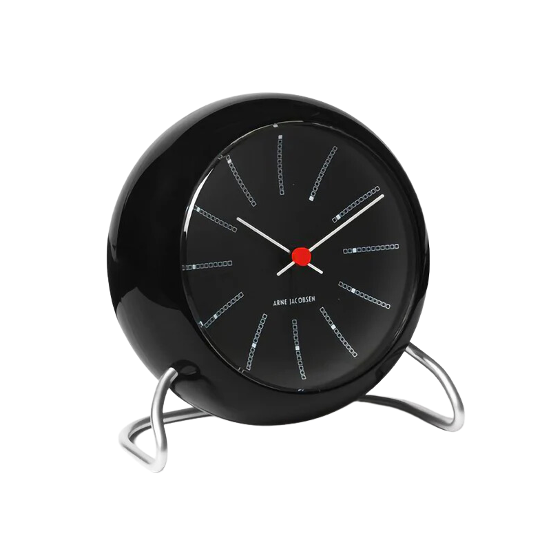 The Banker's Alarm Clock from Arne Jacobsen Clocks in black from the side.