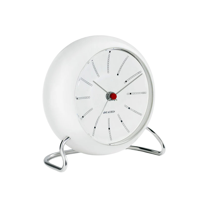 The Banker's Alarm Clock from Arne Jacobsen Clocks in white from the side.