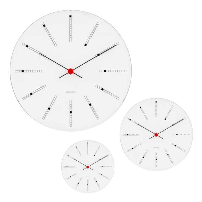 The Banker's Wall Clock from Arne Jacobsen Watches showing the multiple size options.