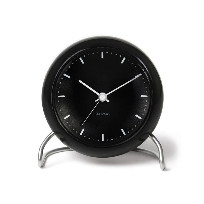 The City Hall Alarm Clock from Arne Jacobsen Clocks in black.