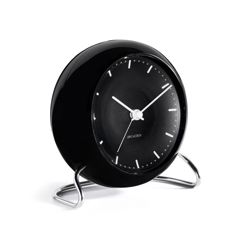 The City Hall Alarm Clock from Arne Jacobsen Clocks in black from the side.