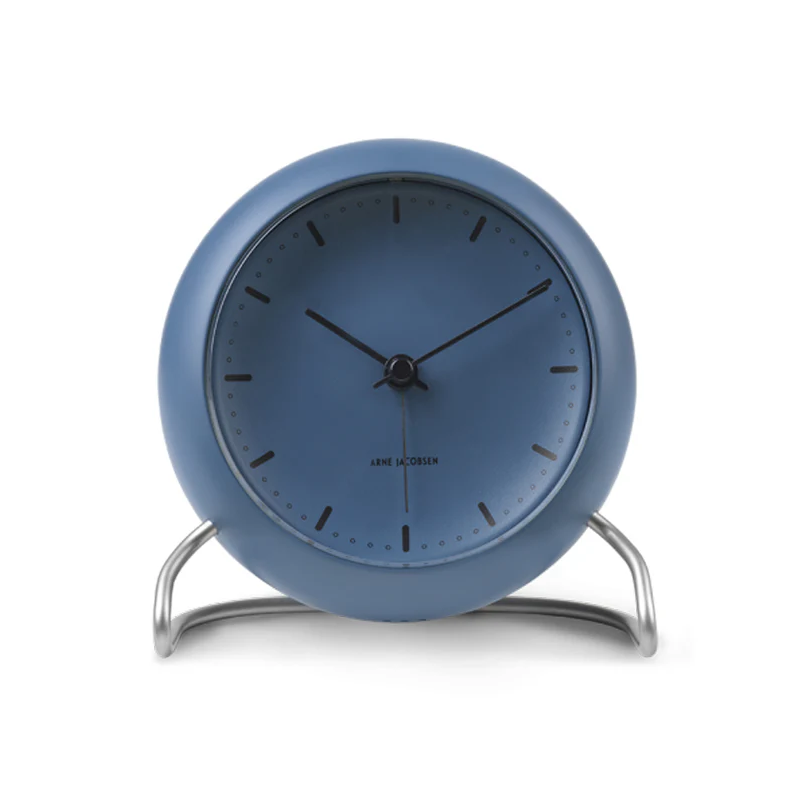 The City Hall Alarm Clock from Arne Jacobsen Clocks in stone blue.