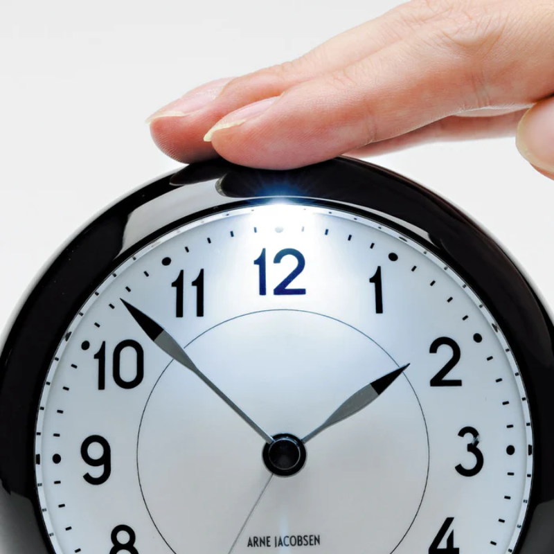 The Station Alarm Clock from Arne Jacobsen showing the LED light.