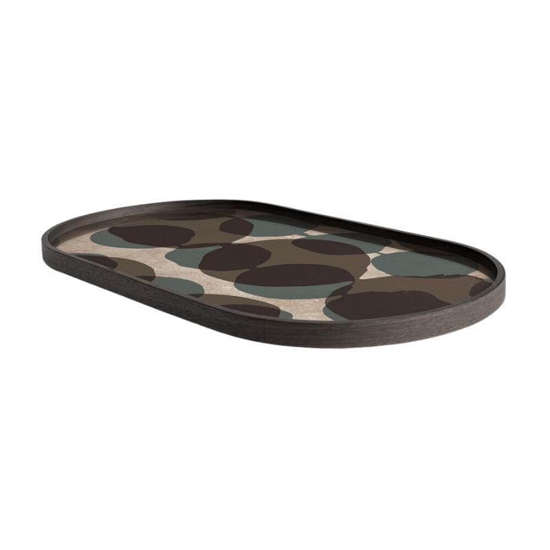 The Connected Dots Glass Tray from Ethnicraft oblong shape from the side.