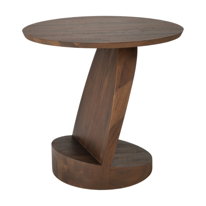 The Oblic Side Table from Ethnicraft in brown teak from the side.