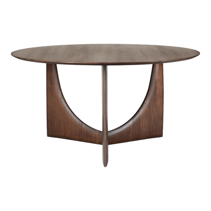 The Round Geometric Dining Table in Teak Brown from Ethnicraft from an angle.