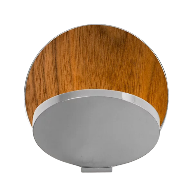 The Plug-In Gravy Wall Sconce from Koncept with the chrome body and oiled walnut plate.