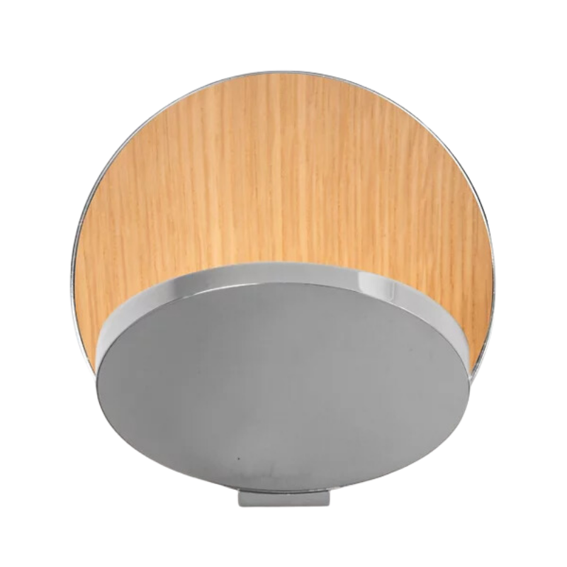 The Plug-In Gravy Wall Sconce from Koncept with the chrome body and white oak plate.