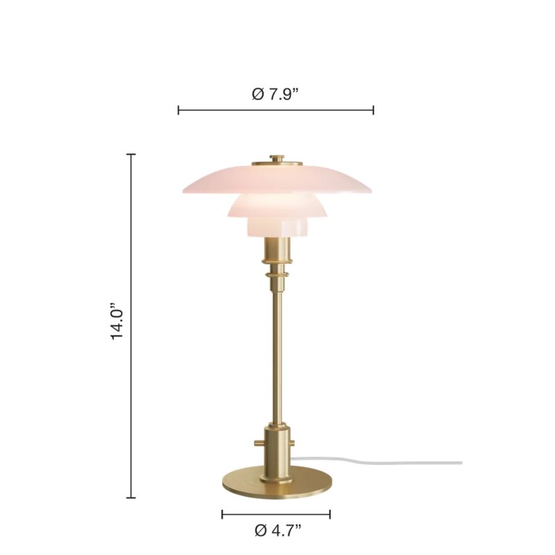 The PH 2/1 Pale Rose Brass Table Lamp from Louis Poulsen dimensions.