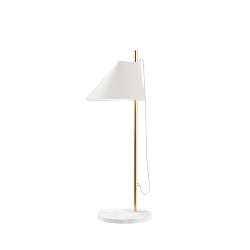 The Yuh Table from Louis Poulsen in white and brass with a marble base.