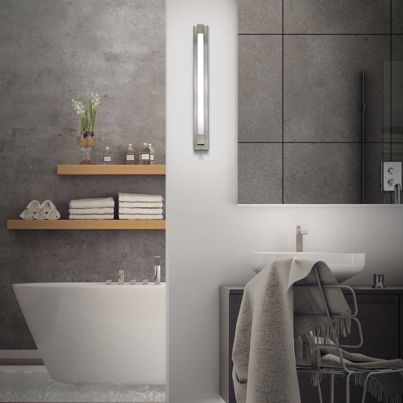 The Barre from Modern Forms in a bathroom, used as a vanity light.