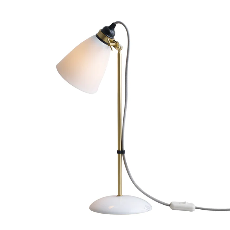 The Hector 30 Table Light from Original BTC in satin brass, angled.