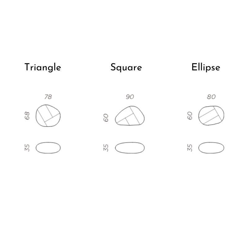 The Koishi Paperweight from Plywood Laboratory dimensions for the triangle, square and ellipse shapes.