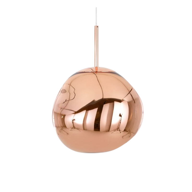 The Melt Pendant from Tom Dixon in copper turned off, revealing its mirror-finish.