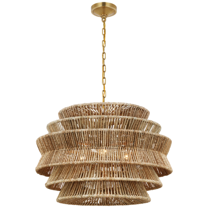 The Antigua Drum Chandelier from Visual Comfort & Co. medium size in antique burnished brass and natural abaca.