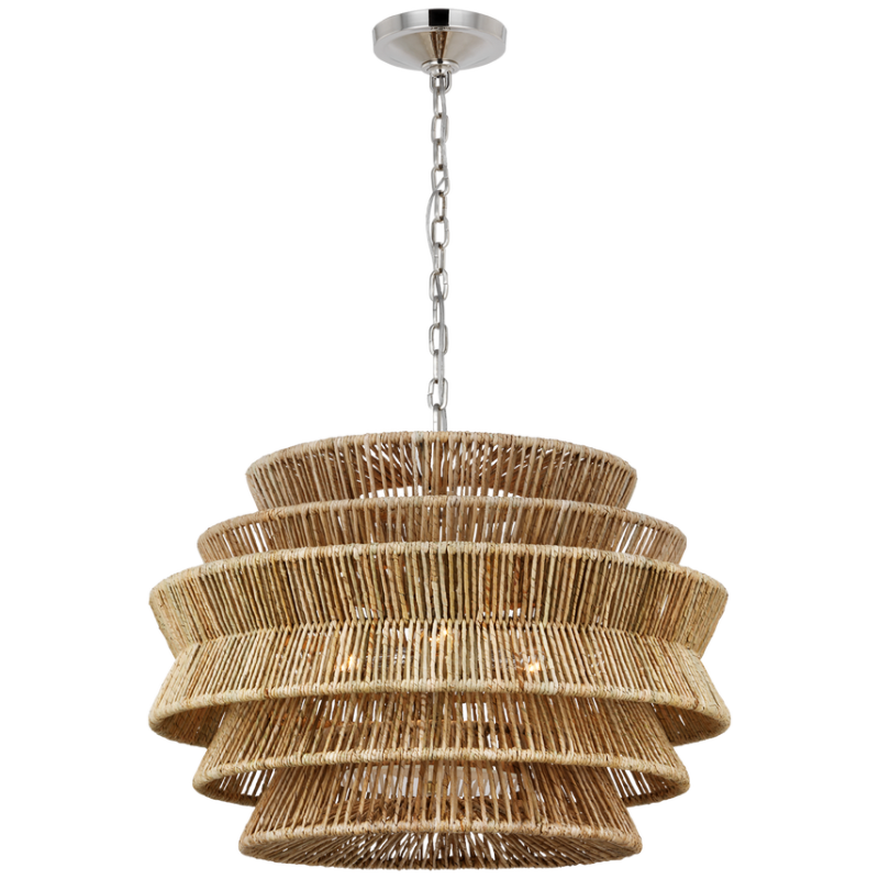 The Antigua Drum Chandelier from Visual Comfort & Co. medium size in polished nickel and natural abaca.