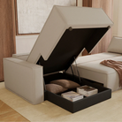 The Newilla sectional sleeper sofa with lounger converted in living room showing storage compartment.