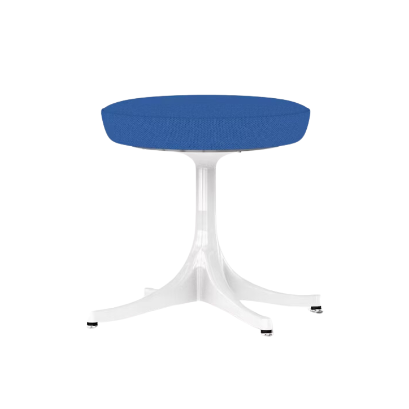 The Nelson Pedestal Stool from Herman Miller with cobalt blue hopsak upholstery.