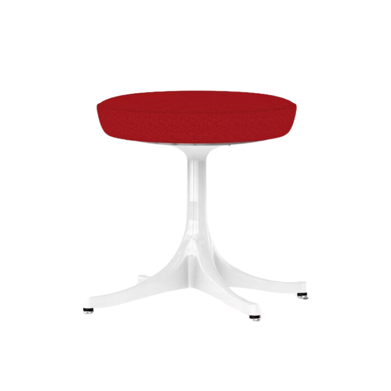 The Nelson Pedestal Stool from Herman Miller with crimson hopsak upholstery.