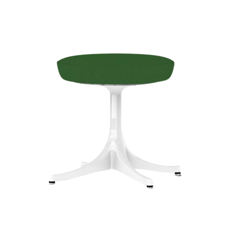 The Nelson Pedestal Stool from Herman Miller with dark emerald hopsak upholstery.