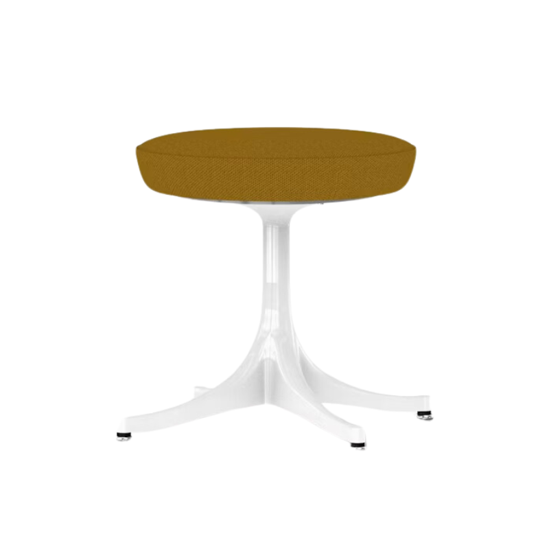 The Nelson Pedestal Stool from Herman Miller with dark ochre hopsak upholstery.