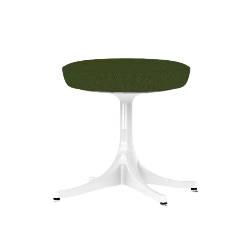 The Nelson Pedestal Stool from Herman Miller with dark olive green hopsak upholstery.