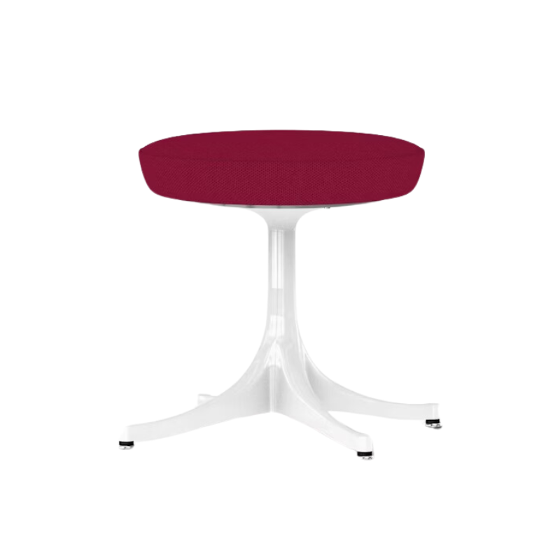 The Nelson Pedestal Stool from Herman Miller with dark pink hopsak upholstery.