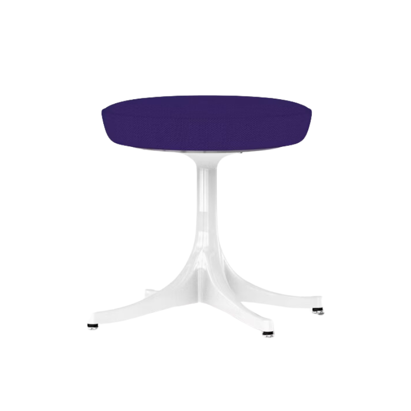 The Nelson Pedestal Stool from Herman Miller with dark violet hopsak upholstery.