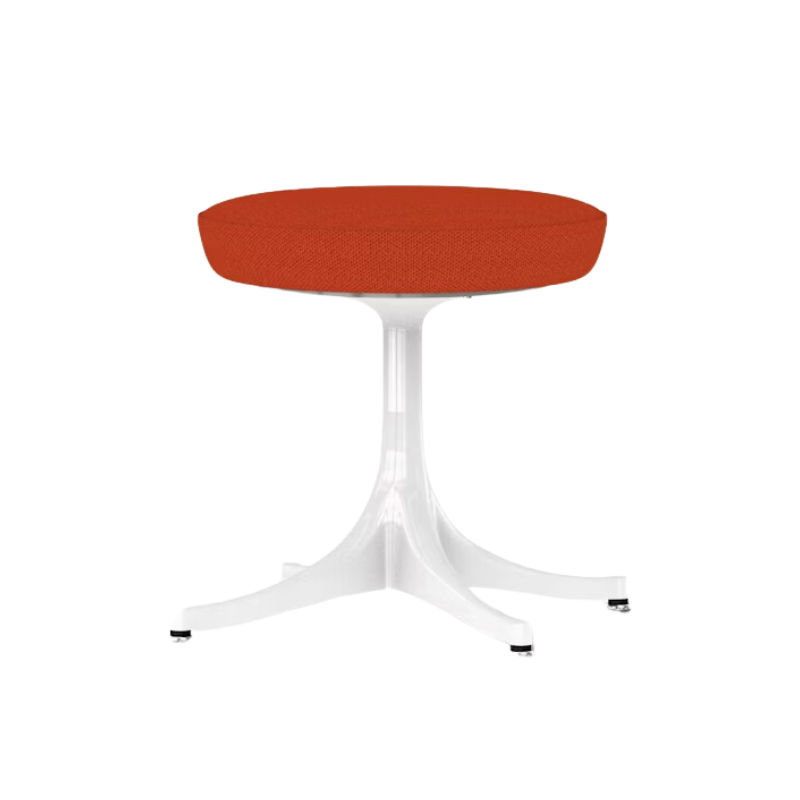 The Nelson Pedestal Stool from Herman Miller with orange hopsak upholstery.