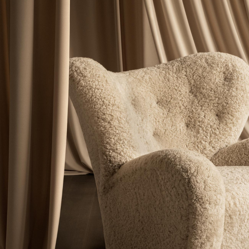 The Tired Man Sheepskin Lounge Chair from Audo Copenhagen close up.