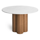 The 48 inch 4/4 Round Dining Table from Blu Dot with marble top and walnut base from the top.