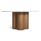 The 60 inch 4/4 Round Dining Table from Blu Dot with marble top and walnut base.