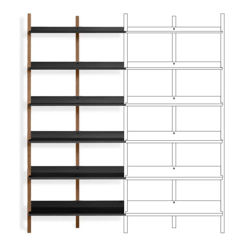 The Browser Tall Add-on Bookcase from Blu Dot with walnut uprights and oblivion shelving extension diagram.