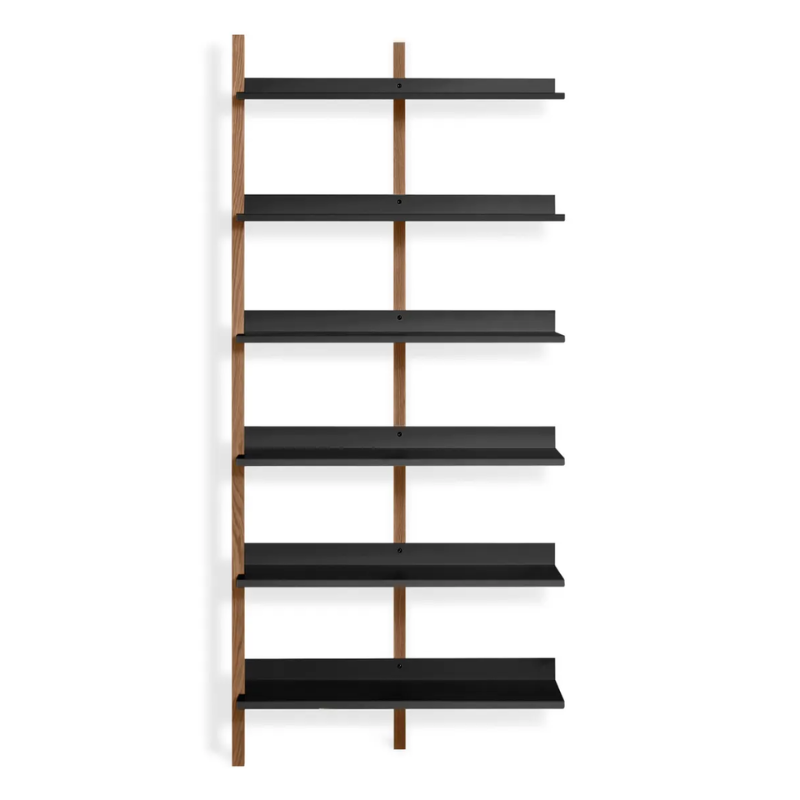 The Browser Tall Add-on Bookcase from Blu Dot with walnut uprights and oblivion shelving.