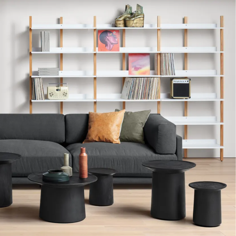 The Browser Tall Bookcase from Blu Dot with white oak uprights and white shelving in a lounge.