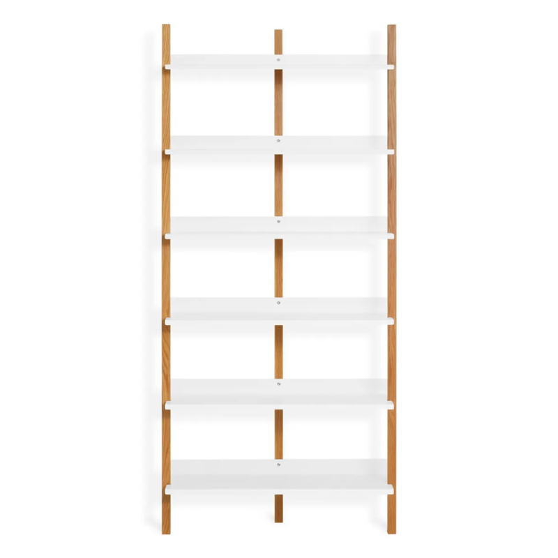 The Browser Tall Bookcase from Blu Dot with white oak uprights and white shelving.