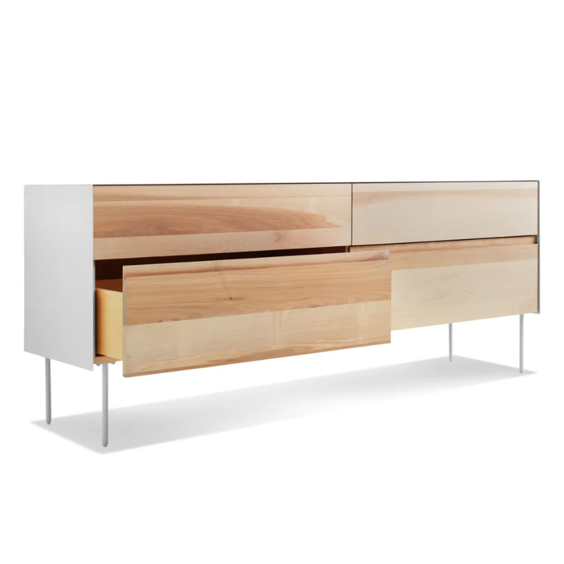 The Clad 4 Drawer Dresser from Blu Dot in hickory and white with an open drawer.