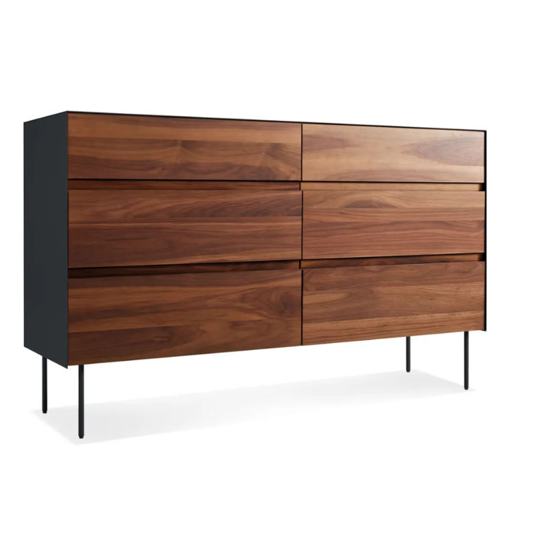 The Clad 6 Drawer Dresser from Blu Dot in walnut and oblivion from an angle.