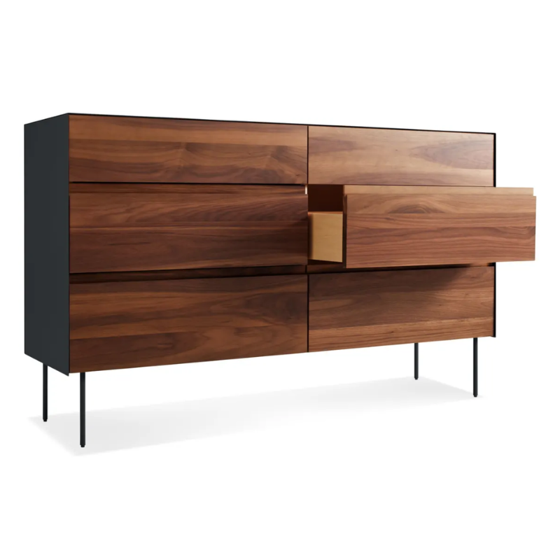 The Clad 6 Drawer Dresser from Blu Dot in walnut and oblivion with an open drawer.