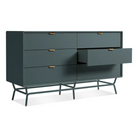 The Dang 6 Drawer Dresser from Blu Dot in marine blue with an open drawer.