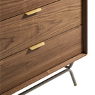 The Dang 6 Drawer Dresser from Blu Dot in walnut and putty close up on the antique brass drawer handles.