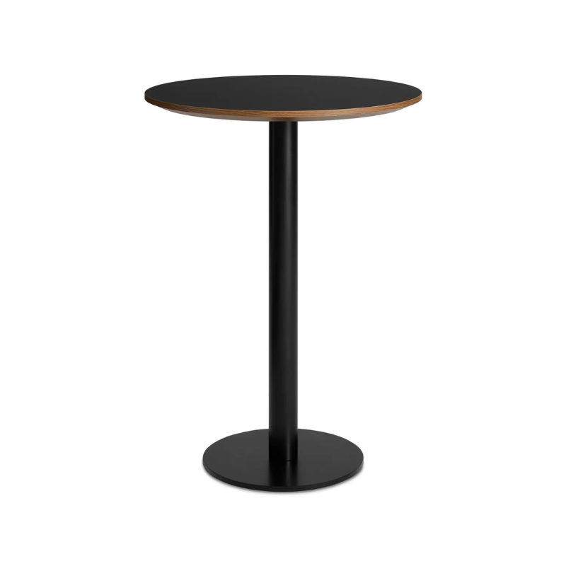 The 30 inch round bar height Easy Dining Table from Blu Dot with a black laminate top and black base from an angle.