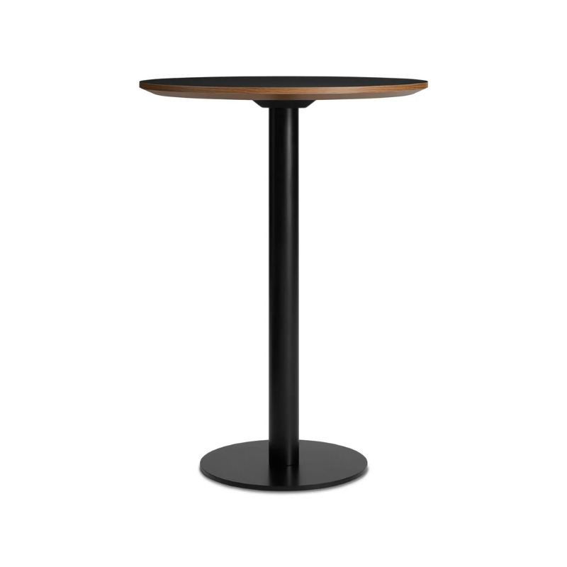 The 30 inch round bar height Easy Dining Table from Blu Dot with a black laminate top and black base.