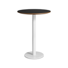 The 30 inch round bar height Easy Dining Table from Blu Dot with a black laminate top and white base from an angle.