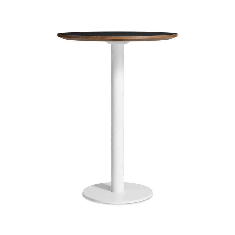 The 30 inch round bar height Easy Dining Table from Blu Dot with a black laminate top and white base.