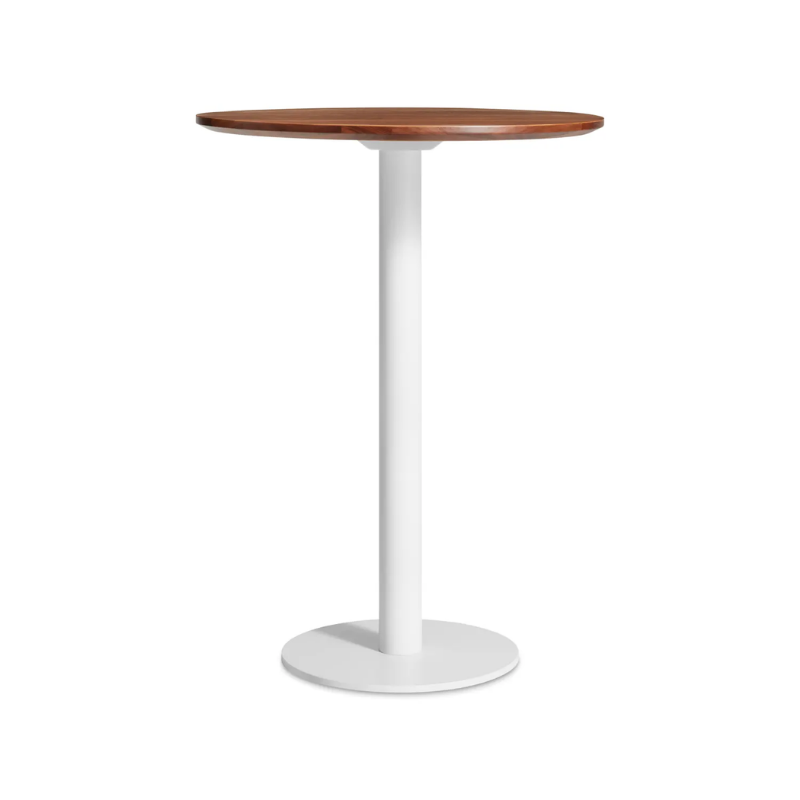 The 30 inch round bar height Easy Dining Table from Blu Dot with a walnut top and white base.