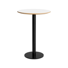 The 30 inch round bar height Easy Dining Table from Blu Dot with a white laminate top and black base from an angle.