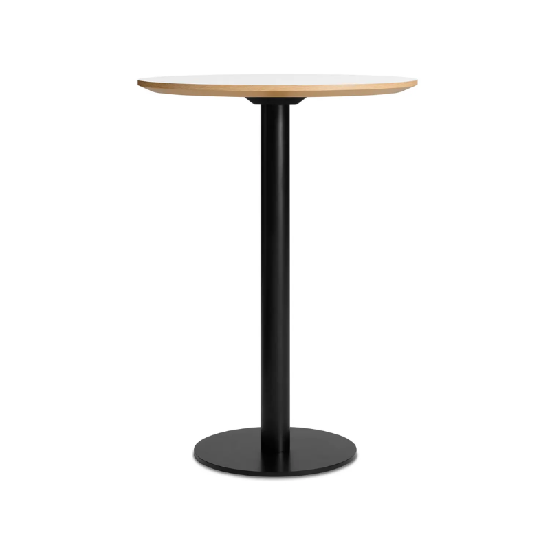 The 30 inch round bar height Easy Dining Table from Blu Dot with a white laminate top and black base.