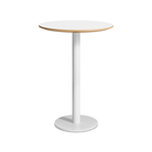 The 30 inch round bar height Easy Dining Table from Blu Dot with a white laminate top and white base from an angle.