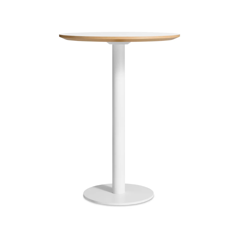 The 30 inch round bar height Easy Dining Table from Blu Dot with a white laminate top and white base.